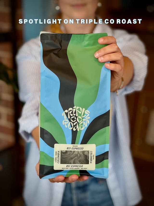 Tidewatch Roastery espresso bag with blue-green wavy art on Foreshore's counter